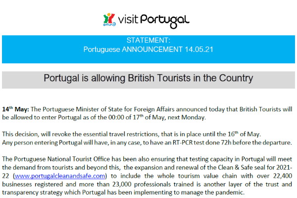 Visit Portugal statement