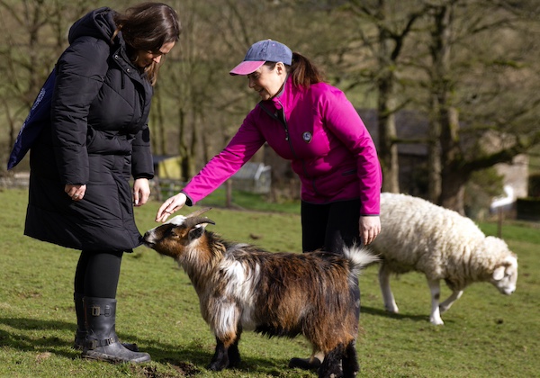 Alice Boden (left) meets the livestock on the smallholding of Andrea Smith (right)