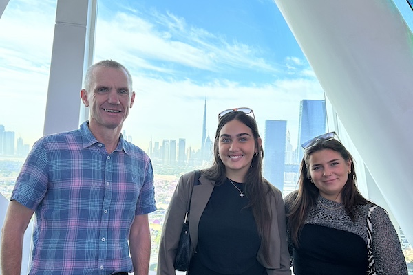 John Garside with Evie (centre) and Izzy at the Dubai Frame observatory.