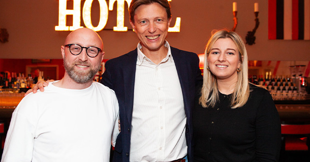 Rebrand launch event: PTS’s Daniel Landen (centre) with Boulder’s Steve Gurney and Anna Spurling