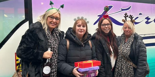 From left, on the fundraising coach trip are Hays Travel's Sasha Price, Helen Nemeth, Caitlin Bellsham and Zoe Blackman